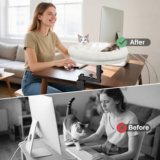 Large Cat Desk Bed, 360°Rotating & Adjustable Shelf, Soft Faux Fur - Image 5