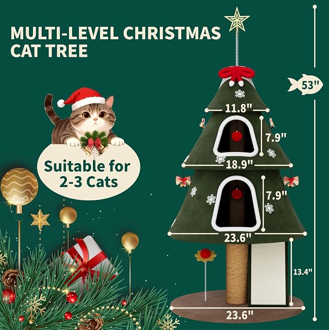 53" Large Christmas Cat Tree Tower: Indoor Green Heavy Duty Cat Condo House - Image 2