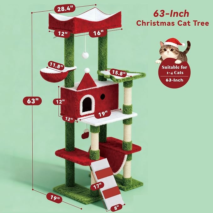 63" Large Christmas Cat Tree Tower Indoor: Tall Modern Cute Heavy Duty Cat - Image 4