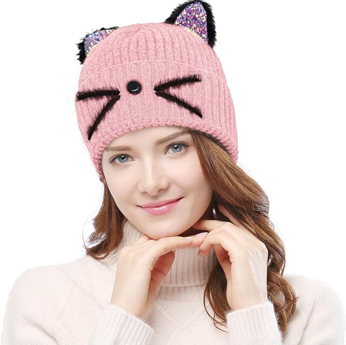 Bellady Mother Children Sequin Cat Ears Hats Warm Knit Crochet Beanies Cute - Image 3