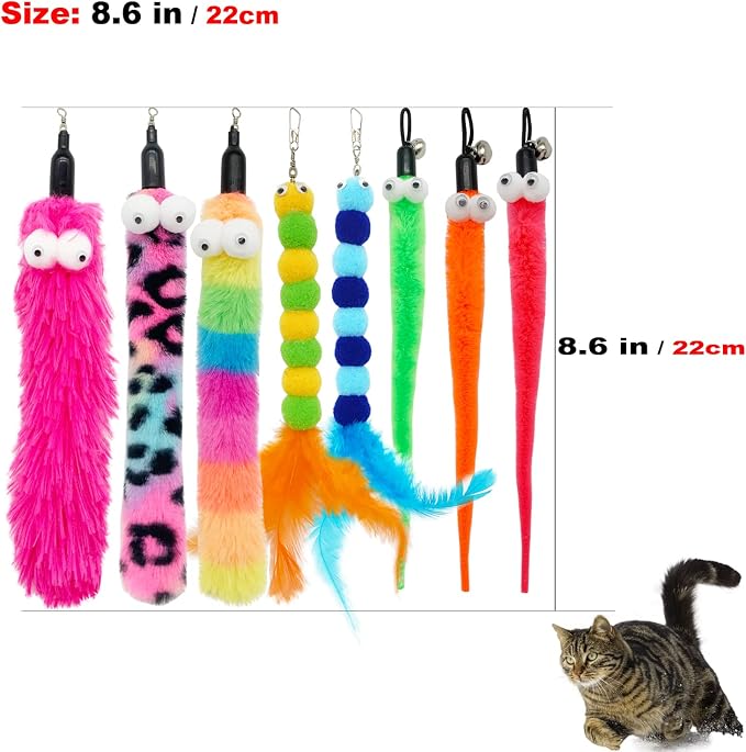 Cat Feather Toys, 1 Elasticity Cat Toy Wand and 8 Pieces Feathers Worms Refill - Image 6