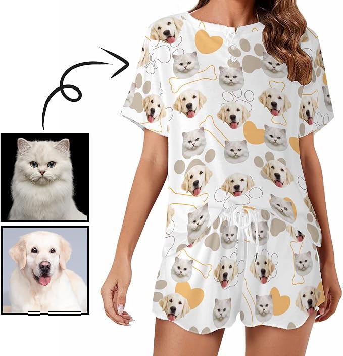 Custom Short Pajamas Set with Face Photo Women‘s Sleepwear Tee Personalized PJ - Image 2