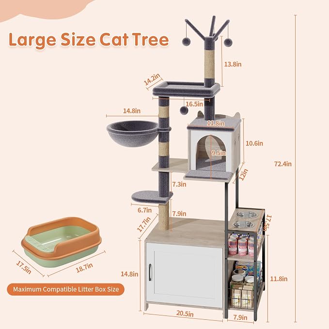Cat Tree with Food Station and Litter Box Enclosure, Plush Hammock in Gray - Image 8