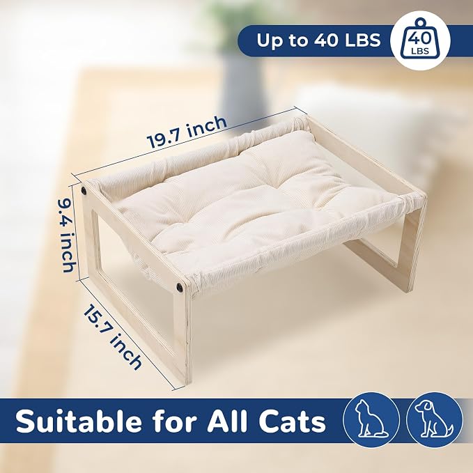 Cat Bed with Removable Washable Cushion, 9.5" Elevated Wooden Cat Hammock Bed - Image 4