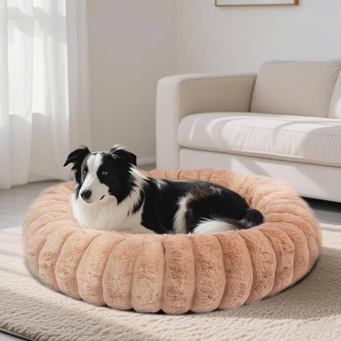 Donut Dog and Cat Bed, Luxurious Comfortable Faux Rabbit Fur Pet Beds, Round by VhenWhen