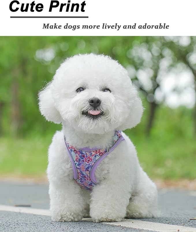 XS Light Purple Flower Pattern Dog Harness and Leash Set, No Escape Puppy - Image 2
