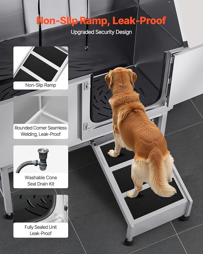 VEVOR Stainless Steel Dog Washing Station, Professional 62 inch Pet Grooming Tub w/Ramp, PE Water Filter Board, Faucet & Showerhead & Soap Holder Bathtub for Large & Medium & Small Pets (Right Door) - Image 3