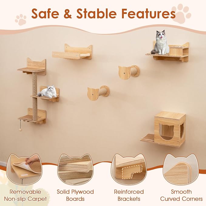 Tangkula Cat Wall Shelves, 6 Pieces Wooden Wall Mounted Kitten Furniture Set - Image 6