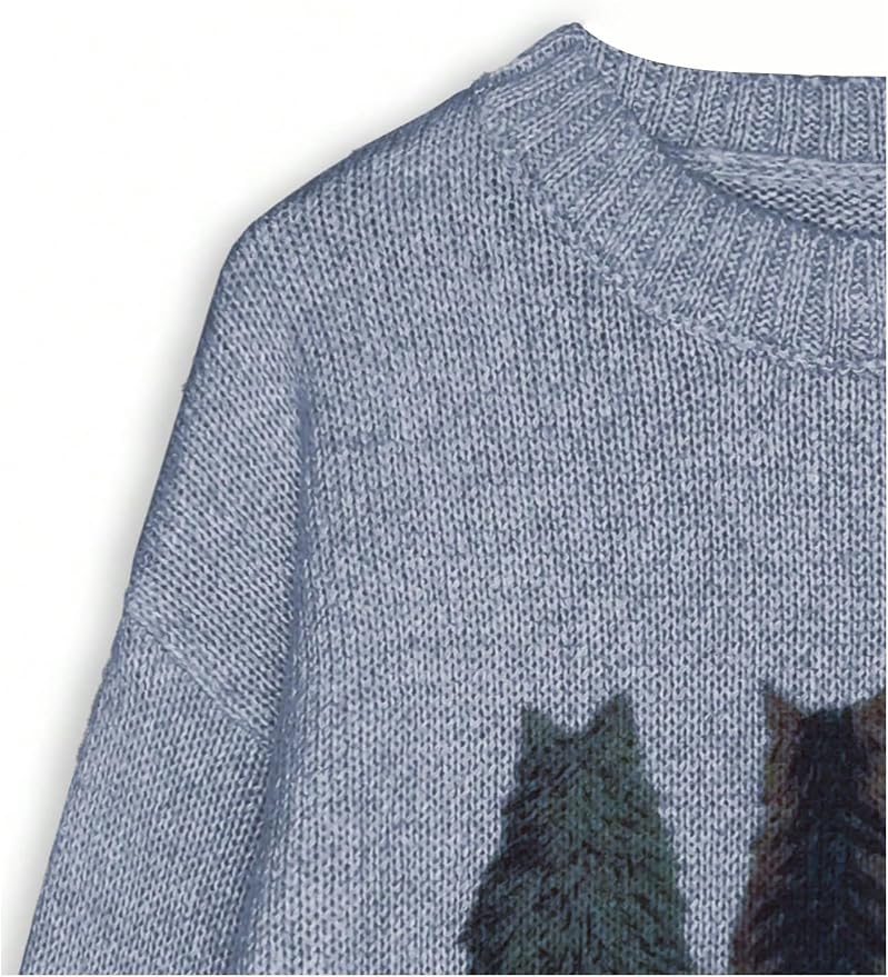 WDIRARA Women's Cat Graphic Sweater Long Sleeve Crew Neck Knit Tops Casual - Image 3