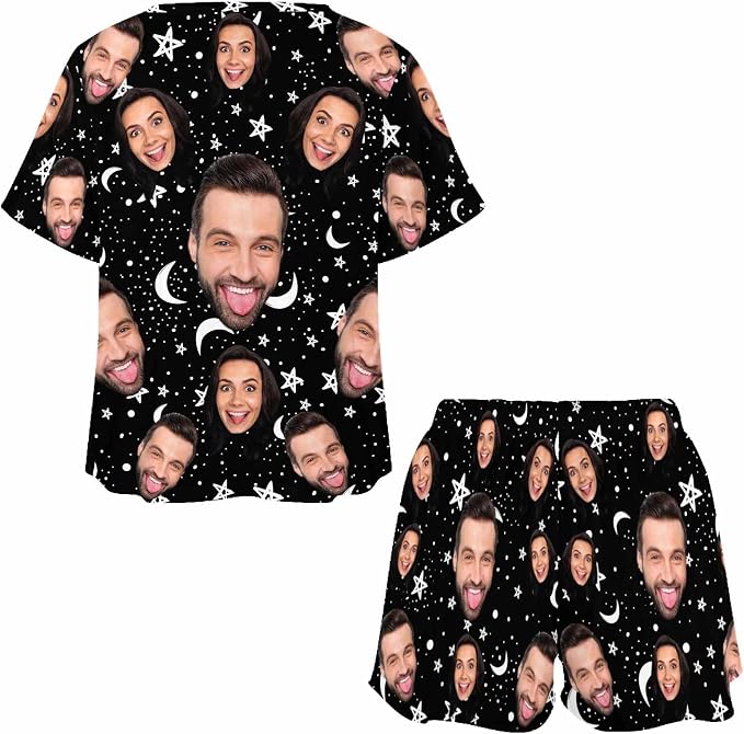 Custom Short Pajamas Set with Face Photo Women‘s Sleepwear Tee Personalized PJ - Image 3