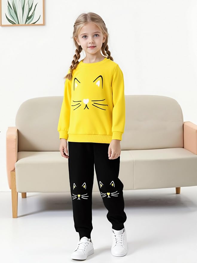 4-8T Toddler Girl Clothes Cat face print Short Sleeve Top+Pants Outfits Girl - Image 4