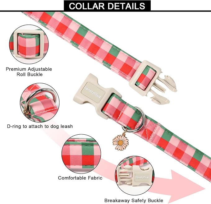 Lionet Paws SpringDog Collar- Red Pink Green Plaid Dog Collars - Image 3