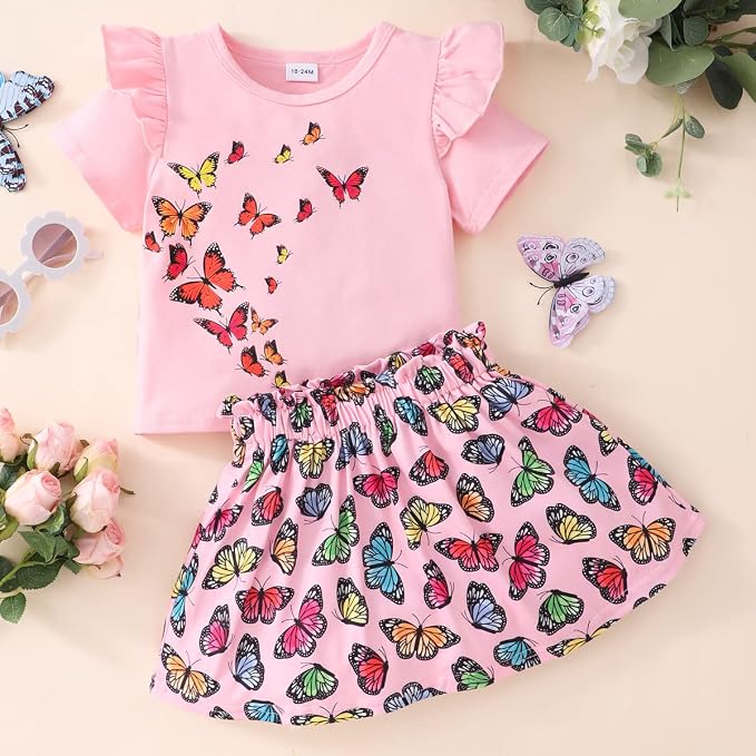 Akyzic Little Girl Skirt Outfit Two Piece Spring Summer Outfit Butterfly Dress - Image 3
