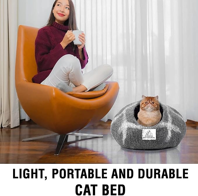 Woolygon Premium Felt Cat Cave Bed – Wool Kitty Beds Handcrafted Kitten Caves - Image 5