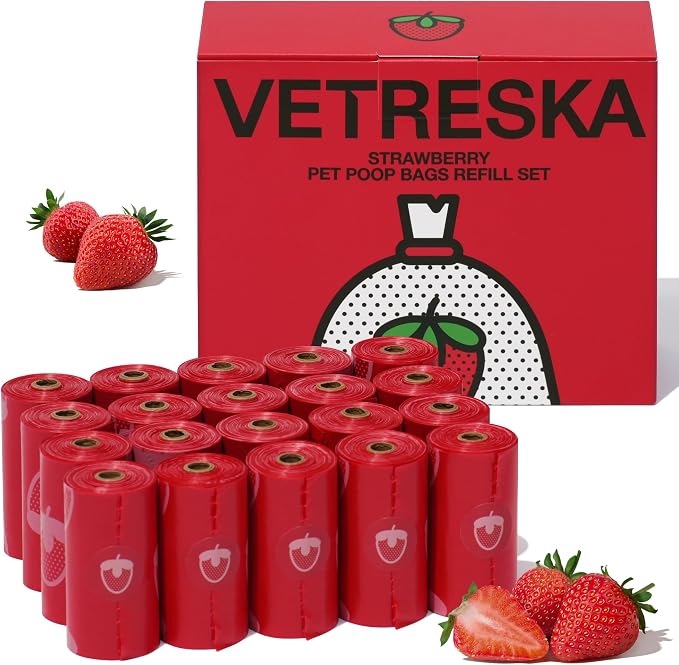 VETRESKA Strawberry Scented Dog Poop Bags, Leak Proof, Extra Thick and Large by VETRESKA