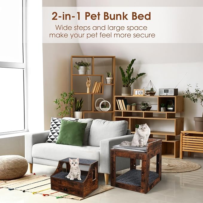 Cat Window Perch with Removable Stairs, Large Pet Bunk Bed with Drawer and - Image 7