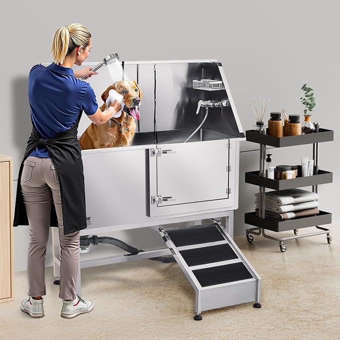 VEVOR Stainless Steel Dog Washing Station, 50 inch Pet Grooming Tub w/Ramp, PE Water Filter Board, Faucet & Showerhead & Soap Holder Dog Bathtub for Large & Medium & Small Pets (Right Door) - Image 8