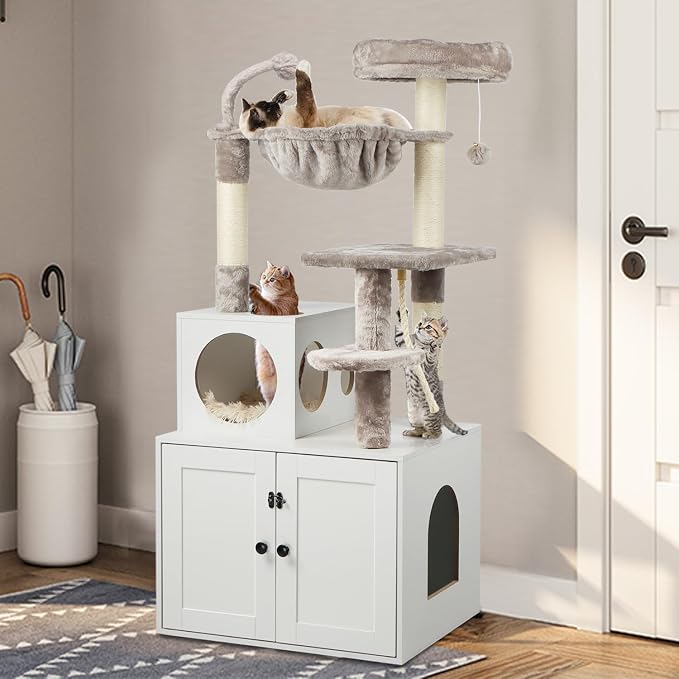 Cat Tree with Litter Box Enclosure, 2-in-1 Cat Tower - Image 9