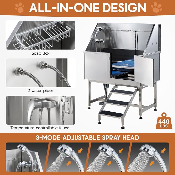 Albott 50 Inch Stainless Steel Dog Washing Station with Non-Slip Steps, Sprayer, Faucet, Soap Box – Professional Pet Bathtub for Small and Medium Pets, Use at Home, Garage, or Grooming (Right Door) - Image 7