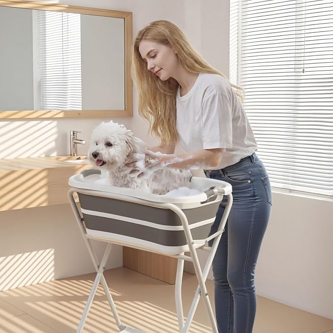 VEVOR Dog Bathtub, Elevated Dog Bath Tub, 2 in 1 Collapsible Pet Bathing Grooming Wash Station, Portable Foldable Space-Saving, Built-in Drain Outlet with Drain Hose for Small Pet Cat, Gray & White - Image 8