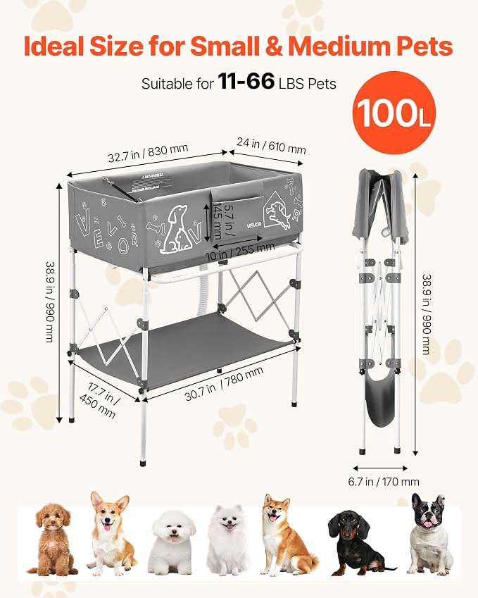 VEVOR Dog Bathtub, Elevated Dog Bath Tub, Collapsible Pet Bathing Grooming Wash Station, Portable Foldable Space-Saving, with Built-in Drain Hose for Small and Medium Pet Cat Indoor & Outdoor, Gray - Image 2