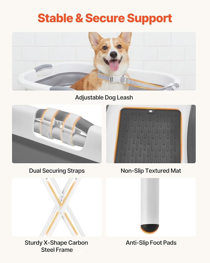 VEVOR Dog Bathtub, Elevated Dog Bath Tub, 2 in 1 Collapsible Pet Bathing Grooming Wash Station, Portable Foldable Space-Saving, Built-in Drain Outlet with Drain Hose for Small Pet Cat, Gray & White - Image 3