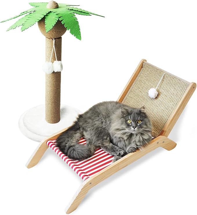 PETKARAY Cat Hammock with Coconut Palm Tree Scratching Post, Cozy Beach Chair by PETKARAY