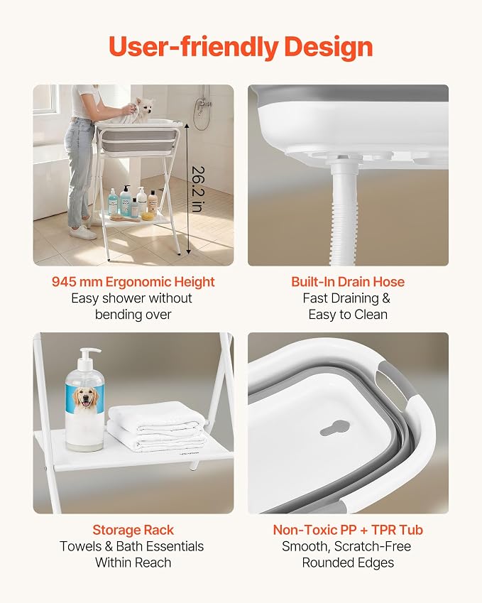 VEVOR Dog Bathtub, Elevated Dog Bath Tub, 2 in 1 Collapsible Pet Bathing Grooming Wash Station, Portable Foldable Space-Saving, Built-in Drain Outlet with Drain Hose for Small Pet Cat, Gray & White - Image 5