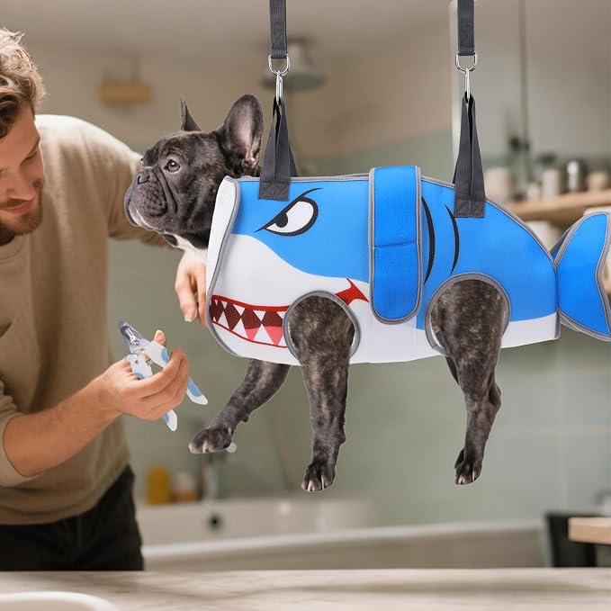Dog Grooming Hammock for Small Dogs Cats, Cute Shark Design Dog Hanging Harness - Image 9