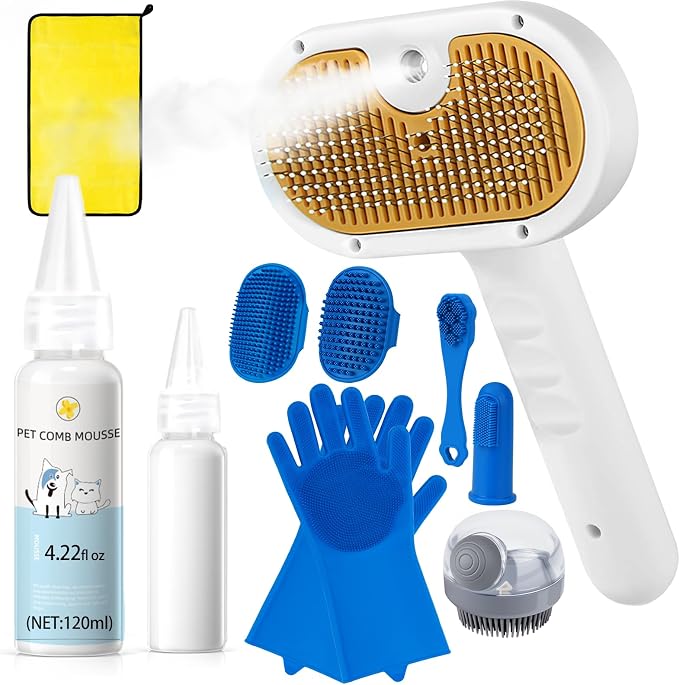 Pet Steam Brush for Dog & Cat – 3-in-1 Spray Hair Removal Comb for Shedding & by VVWVVW