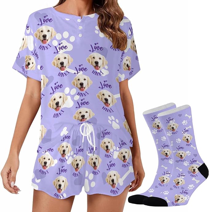 Custom Short Pajamas Set with Face Photo Women‘s Sleepwear Tee Personalized PJ by Jaydouble