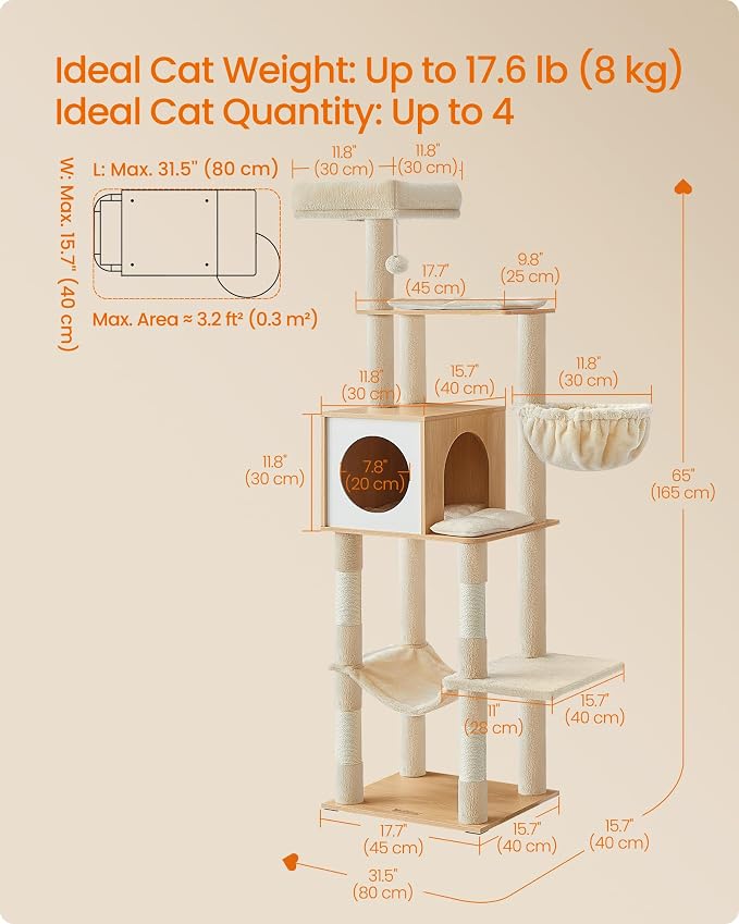 Feandrea Cat Tree, 65-Inch Tall Cat Tower, Scratching Posts, Almond Yellow - Image 5