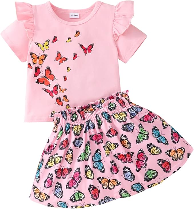 Akyzic Little Girl Skirt Outfit Two Piece Spring Summer Outfit Butterfly Dress by Akyzic