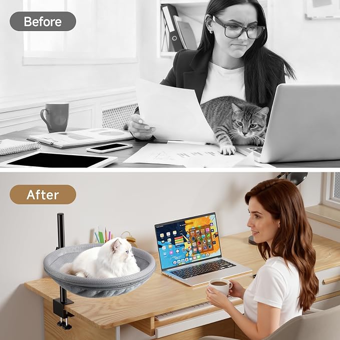 Cat Desk Bed, 360° Rotating Height-Adjustable Cat Hammock Desk, Home Office Pet - Image 6
