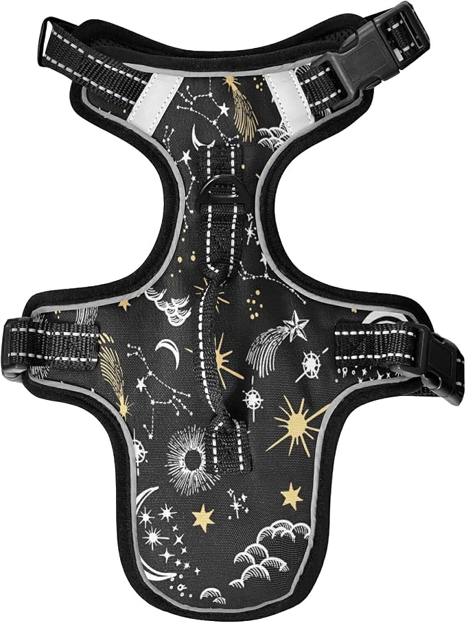 Yellow Stars and White Moon Dog/Cat Harness, Reflective No-Pull Pet Harness by KEEPREAL