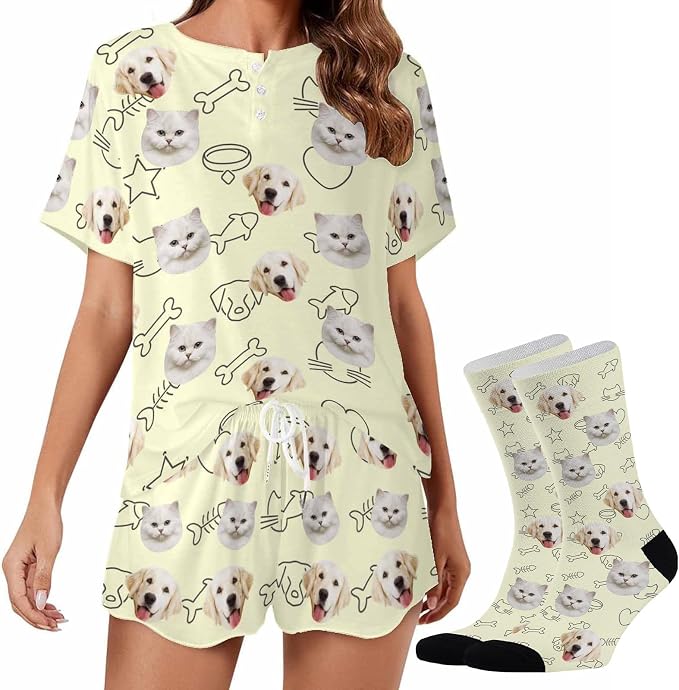 Custom Short Pajamas Set with Face Photo Women‘s Sleepwear Tee Personalized PJ by Jaydouble