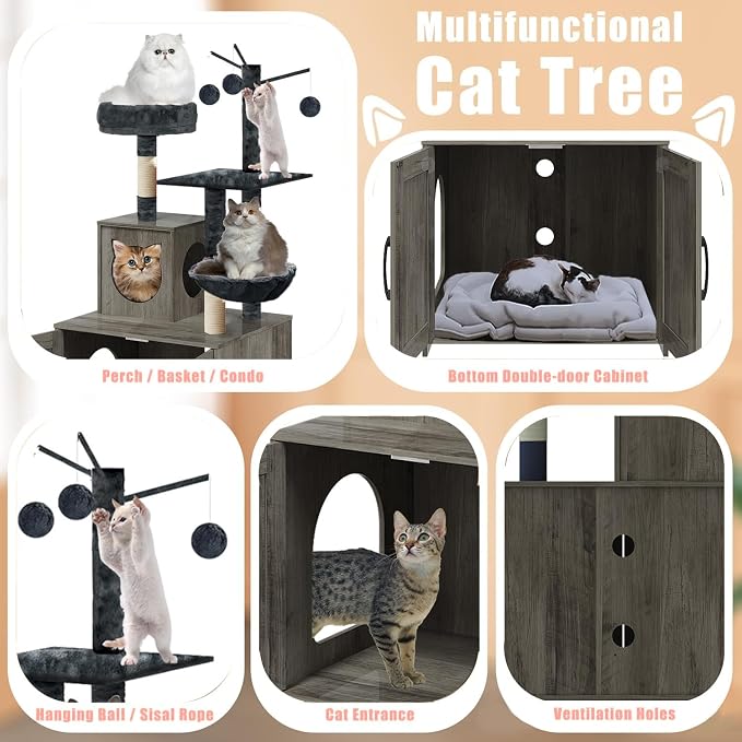 Cat Tree with Litter Box, Wood Litter Box Enclosure with Food Station, Modern - Image 4