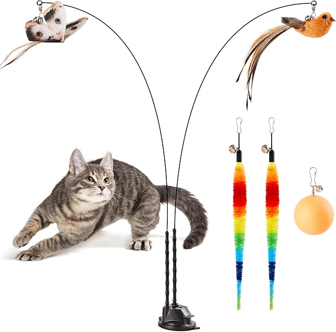 Potaroma Suction Cup Cat Wand Toys, Dual-Wand Interactive Kitten Toy by Potaroma