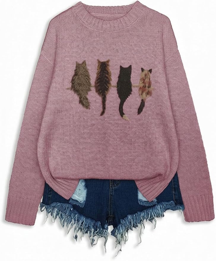 WDIRARA Women's Cat Graphic Sweater Long Sleeve Crew Neck Knit Tops Casual - Image 5