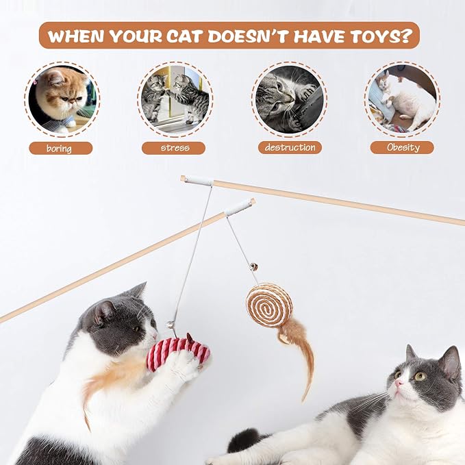 3-Pack Cat Wand Toys, 16-Inch Natural Wooden Teaser Wand - Image 6