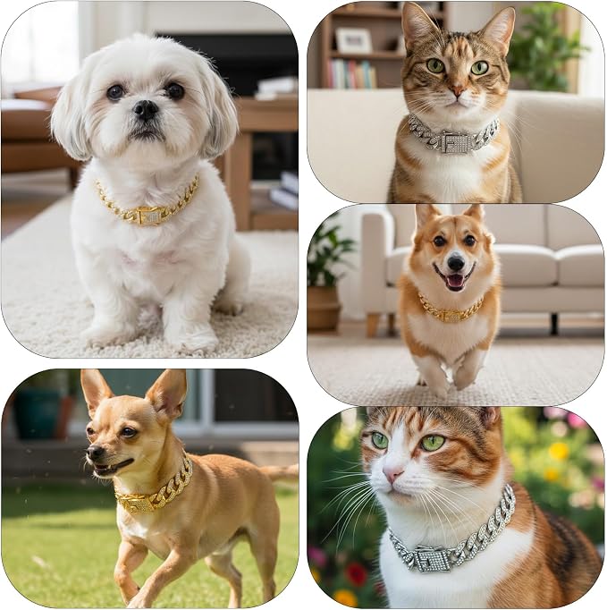 2Pcs Cuban Link Dog Collar Cat Chain Collar Diamond Cat Collar Kitten Walking - Image 5