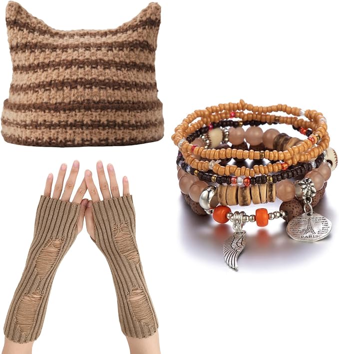 CORIRESHA Therian Emo Clothing Cat Ear Y2k Beanie Grunge Fingerless Gloves by CORIRESHA