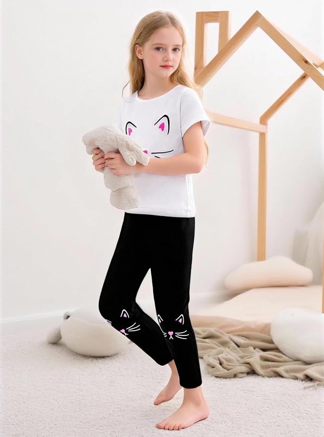 4-8T Toddler Girl Clothes Cat face print Short Sleeve Top+Pants Outfits Girl - Image 2