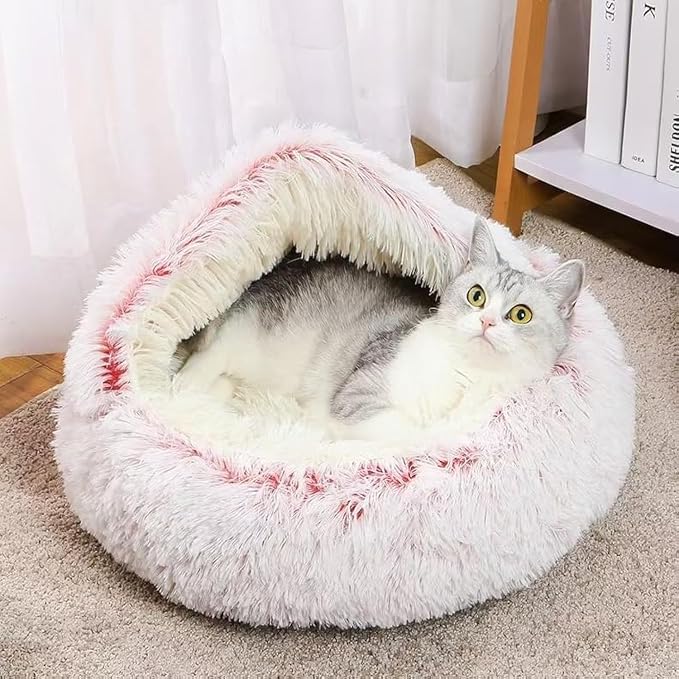 Cat Bed Round Fluffy Hooded Cat Bed Cave, Anti-Anxiety Cave Bed by Unknown