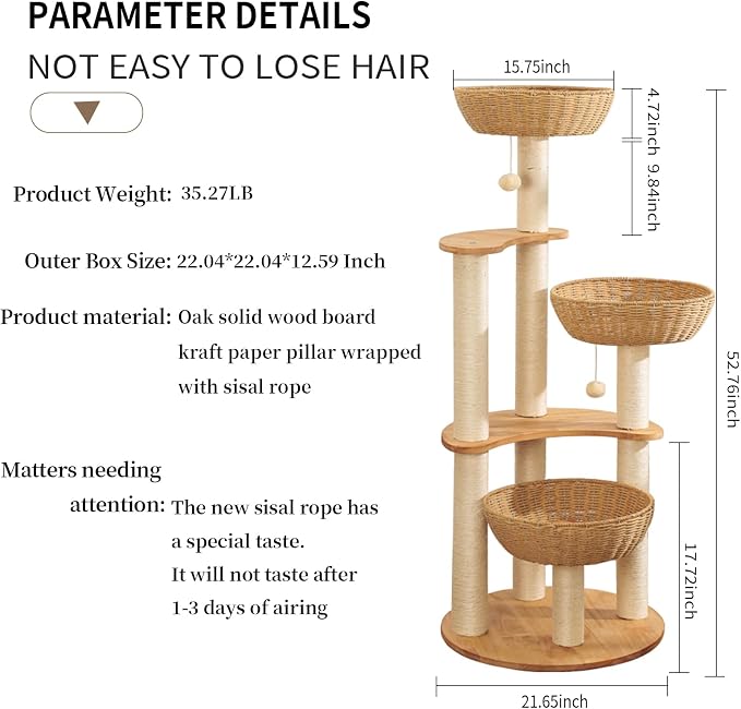 54" Modern Cat Tree Tower for Indoor Cats, Oak Cat Scratching Tree for Multiple - Image 6