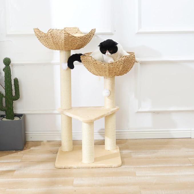 SHENGOCASE Cat Tree Tower with Rattan Wicker Basket, 2 Large Nest Baskets Bed - Image 2