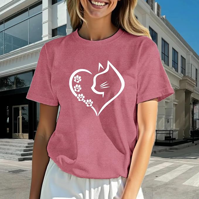 Cat Shirts for Women Cat Mom Tshirts Pet Lover Shirt Cats Paw Print Tee Tops - Image 2