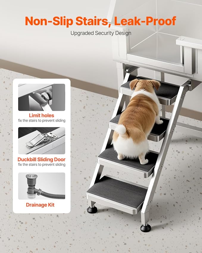 VEVOR 34" Dog Washing Station Professional Stainless Steel Pet Grooming Tub Bathtub Dog Wash Sink with Shower Faucet Soap Holder Non-Slip Stairs Easy-Clean for Small Dogs Cats Left Door - Image 3