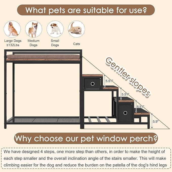 Pet Bunk Bed with Removable Stairs and 2 Drawers, Dogs/Cats Window Perch - Image 5