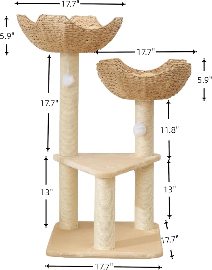 SHENGOCASE Cat Tree Tower with Rattan Wicker Basket, 2 Large Nest Baskets Bed - Image 6